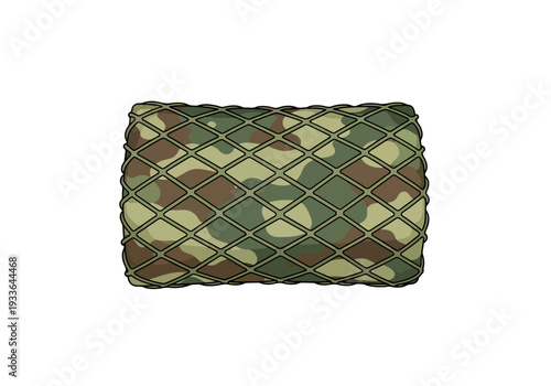 Camouflage Patterned Pillow In Net Covering Isolated On White Background