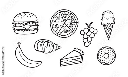 Fast Food and Desserts Collection Hand Drawn Outline Icons Set
