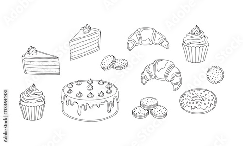Sweet Bakery Desserts Collection Hand Drawn Outline Illustration Set