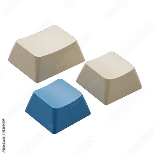 Collection of three-dimensional keyboard keys in varying colors and sizes on transparent background