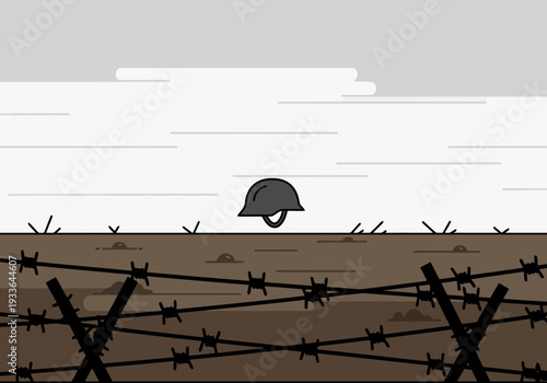 Isolated Helmet On Barbed Wire Battlefield Landscape With Overcast Sky Abstract Minimalist Style Depicting Conflict And Absence