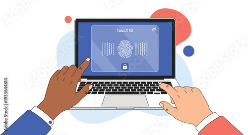 Biometric security authentication process showing hands using a fingerprint scanner on a laptop for data protection.