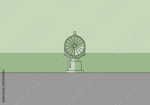Isolated vintage lottery wheel machine on podium against pale green background with horizontal abstract bands for concept applications