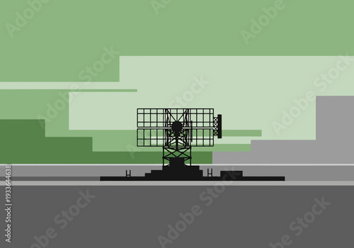 Modern Surveillance Radar Station Silhouette Against Abstract Textured Background Horizon Line