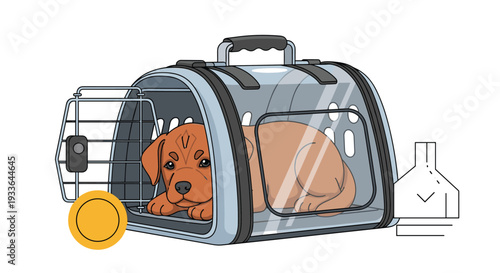 Cute brown puppy looking through the window of a modern transparent pet carrier during travel or a vet visit.