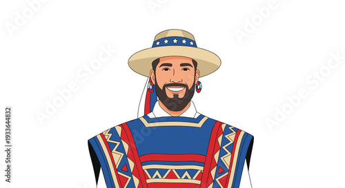 Portrait of a smiling man dressed in a traditional Chilean huaso outfit with a wide-brimmed hat and colorful poncho.