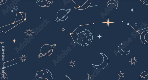 Whimsical space pattern on a dark blue background with planets, stars, constellations, and moon-shaped cookies.