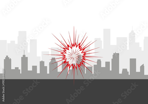Abstract explosion effect burst of energy over a modern city skyline silhouette with buildings creating a dramatic scene of urban impact or change