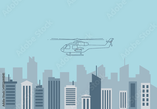 Helicopter flies above modern city skyline with silhouetted buildings under a clear sky for transport or travel concepts