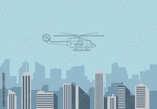 Helicopter Flying Over Cityscape Skyline Modern Buildings Transportation Aerial View Urban Scene Aviation Travel