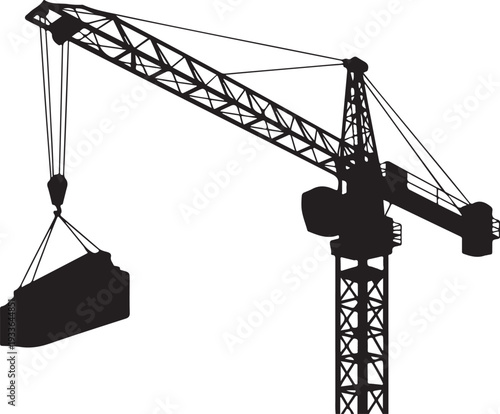 Black silhouette construction crane with concrete block