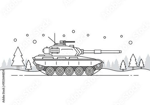 Modern Armored Vehicle in Snowy Forest Landscape Outline Design Outdoor Winter Military Transportation