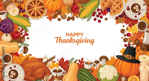 Thanksgiving frame filled with autumn harvest foods like roast turkey, pumpkin pie, corn, and fallen maple leaves.