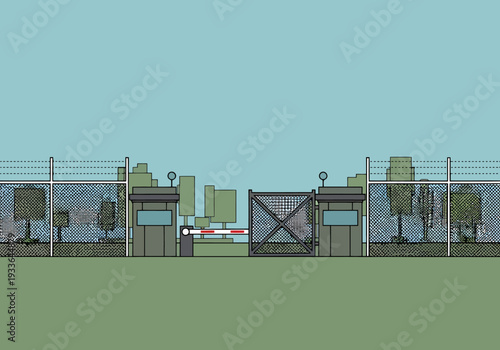 Entrance barrier with guard booths and fencing security checkpoint for access control and protection from unauthorized entry landscape view outdoors