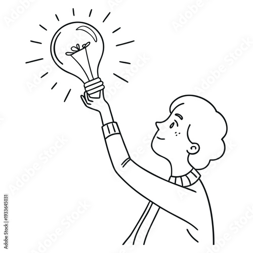 Minimalist Line Art Vector Illustration of a Young Man Holding a Glowing Light Bulb Representing a Creative Idea, Innovation, and Problem Solving Concept on White Background