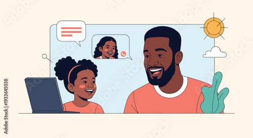 Smiling father and young daughter having a happy video call conversation using a laptop computer from their home.