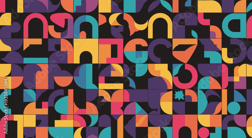Vibrant and colorful abstract geometric pattern with a variety of semicircles and blocks in a modern mosaic style.