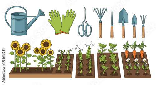Complete gardening kit illustration featuring essential tools, seedlings, sunflowers, and vegetable plants in soil beds.