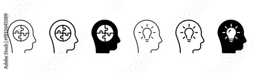 Human head brain and idea icon set in outline and solid styles, thinking and creativity concept vector