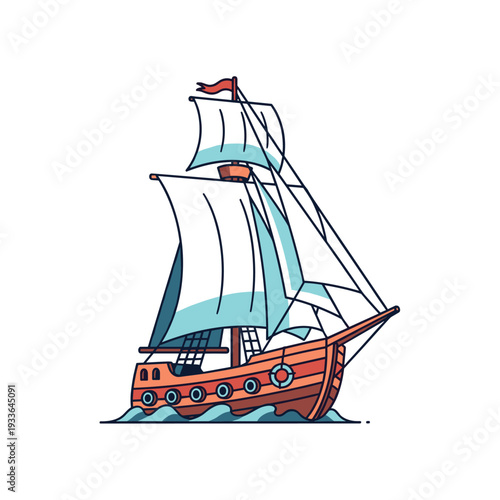 Illustration of a Vintage Sailing Ship on the Water.