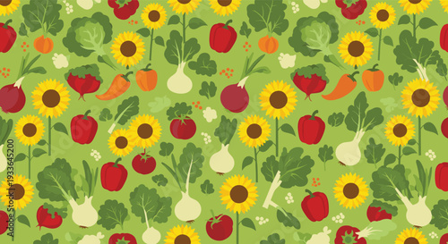 Repeating pattern of vibrant sunflowers, red peppers, and onions on a fresh green background for fabric design.