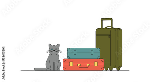 Cute gray cat sitting patiently next to a tall olive green suitcase and two smaller colorful stacked travel bags.