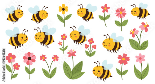 Sweet collection of cute cartoon bumblebees and colorful spring flowers in a flat vector illustration style.