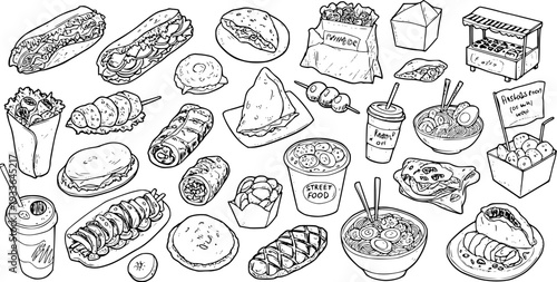 Hand-drawn street food doodle collection. Vector set of global fast food, snacks, and drinks. Outline illustration for menus, posters, or coloring books.