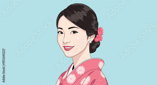 Beautiful young Japanese woman in a traditional floral kimono with a red flower accessory in her dark hair.