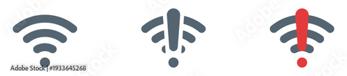 WiFi signal icon set with warning and no connection symbols in flat style, wireless network vector collection