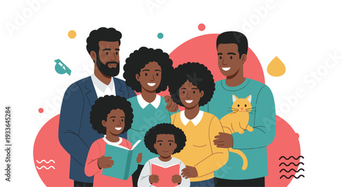 Happy Black family with parents and children holding books and a pet cat standing together against a colorful abstract background.