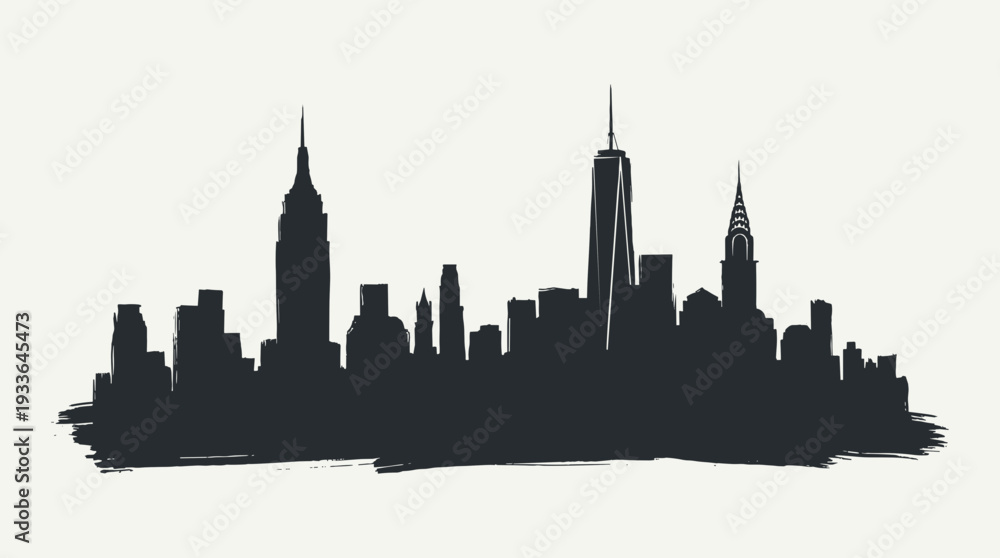 Naklejka premium A black silhouette of the New York City skyline, featuring iconic skyscrapers like the Empire State Building and One World Trade Center, against a light background.