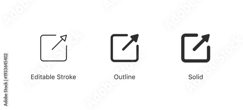 export, share icon arrow symbol, external link icon open in new window or tab symbol. links sharing icons in editable stroke, outline, and solid styles