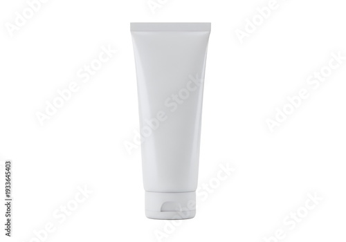 A white cylindrical cosmetic tube with a fliptop cap stands centered against a plain white background