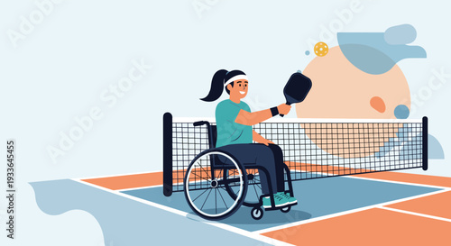 Empowered woman in a wheelchair playing pickleball on an outdoor court with a paddle and ball showing sports accessibility.