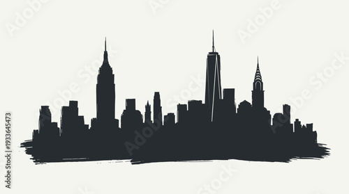 A black silhouette of the New York City skyline, featuring iconic skyscrapers like the Empire State Building and One World Trade Center, against a light background.