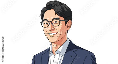 Professional man with glasses wearing a navy blue suit smiling confidently against a plain white background for portrait.