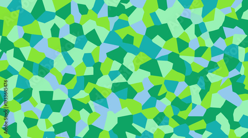 A vibrant abstract pattern composed of irregular polygons in shades of green, blue, and light purple.