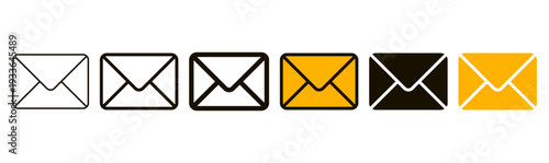 Email envelope icon set of message inbox and mail icons in outline and solid styles with black and yellow variants, messages, communication design vector collection