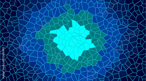 Abstract mosaic pattern with a vibrant cyan glow emanating from the center, set against a deep blue background.