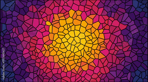Abstract stained glass pattern with vibrant colors transitioning from yellow and orange in the center to purple and pink on the edges.