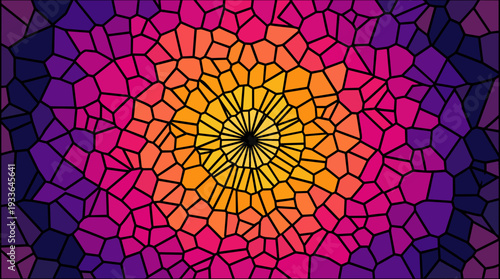 A vibrant, abstract mosaic pattern radiating outwards from a dark central point with a gradient of warm colors transitioning to cool colors.