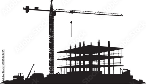 Black silhouette construction site with crane and building