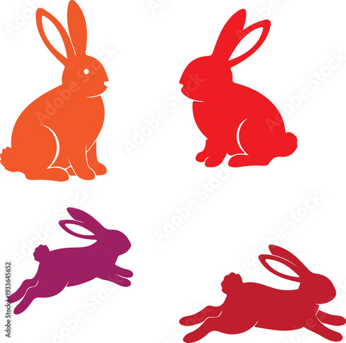 Vibrant set of stylized rabbit illustrations, capturing dynamic movements and serene postures. Embodies playful concept of spirited wildlife charm for creative design