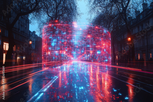 Red and blue lights illuminate a city street.