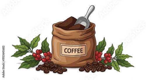 Burlap sack filled with roasted coffee grounds next to a scoop coffee beans and fresh branches with red berries.