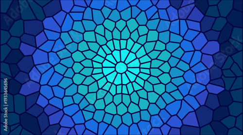 A vibrant mosaic pattern radiating outwards with shades of blue and teal, resembling a stained glass window.