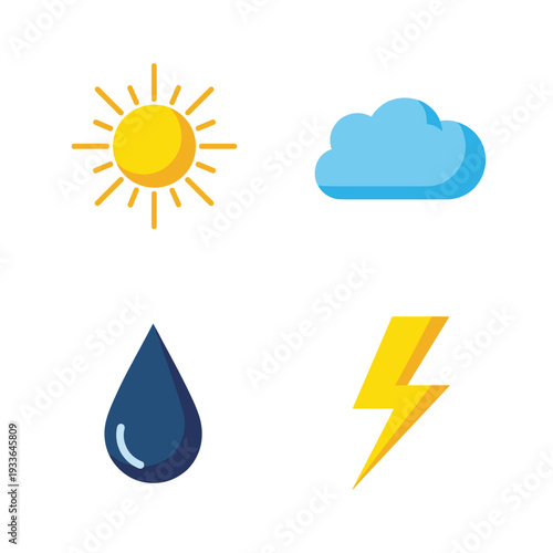 Weather Icons Set - Sun, Cloud, Rain, Lightning Bolt.