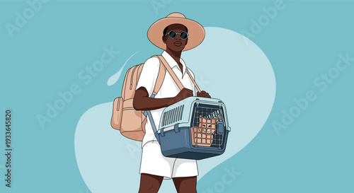 Stylish Black man wearing a hat and sunglasses carrying a cat in a pet carrier backpack while traveling on a trip.