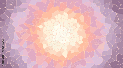 Abstract mosaic pattern with a bright, warm glow emanating from the center, fading into cooler purple tones.